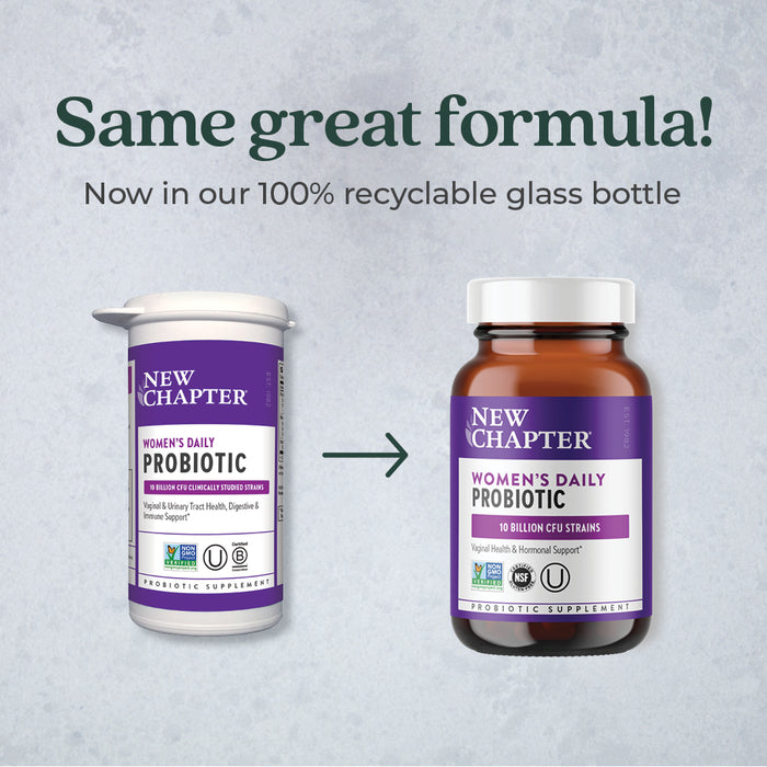 Image of a packaging change announcement for New Chapter Women’s Daily Probiotic. The old plastic bottle is on the left, and the new recyclable glass bottle is on the right. Text reads, "Same great formula! Now in our 100% recyclable glass bottle.
