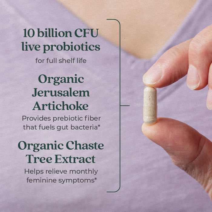 Close-up of two fingers holding a capsule against a textured background. Text on the image highlights its contents: 10 billion CFU probiotics, organic Jerusalem artichoke, and organic chaste tree extract, each with a brief description of benefits.