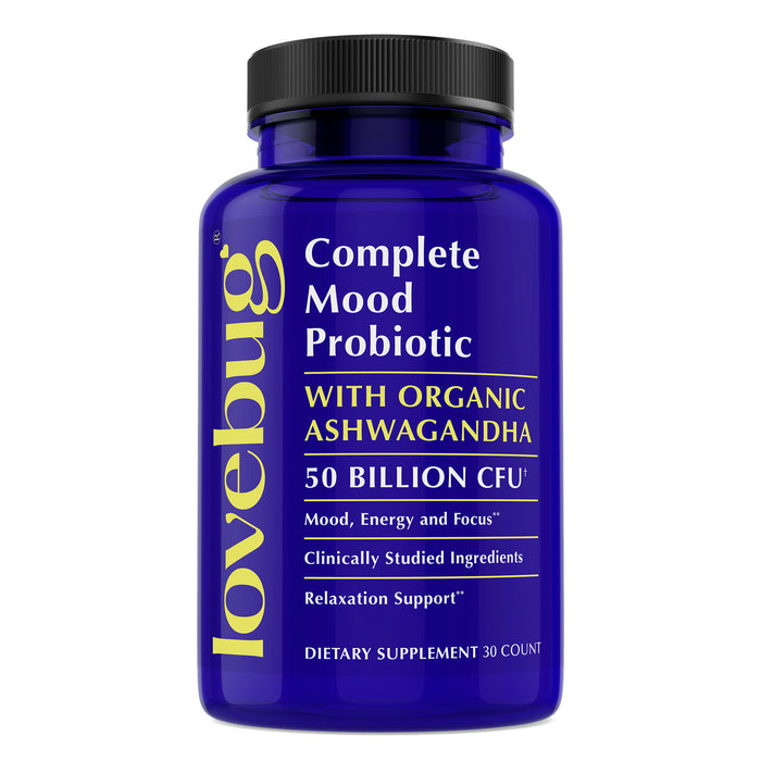 A blue bottle of Lovebugs Womens Health Daily Probiotic with Ashwagandha delivers 50 billion CFU. It supports mood, digestion, energy, focus, and relaxation with 30 dietary supplement capsules to enhance your well-being.