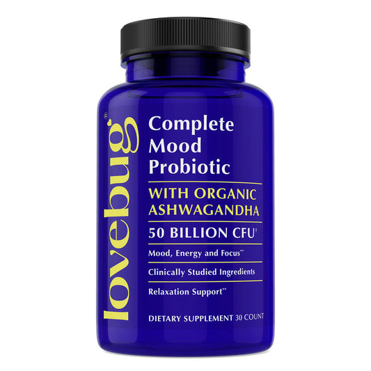 A blue bottle of Lovebugs Womens Health Daily Probiotic with Ashwagandha delivers 50 billion CFU. It supports mood, digestion, energy, focus, and relaxation with 30 dietary supplement capsules to enhance your well-being.