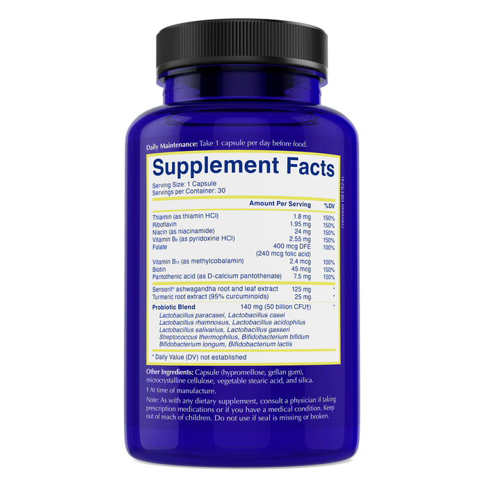 The Lovebug Womens Health Daily Probiotic with Ashwagandha showcases a blue bottle labeled with Supplement Facts, emphasizing mood and digestive health benefits. It contains vitamins B1, B2, B6, B12, folic acid, Lactobacillus acidophilus probiotics. Dosage is one capsule daily with 30 servings per container.