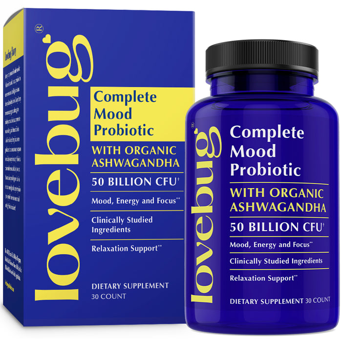 A blue bottle of Lovebug Womens Health Daily Probiotic with Ashwagandha supports mood and digestive health. It features 50 billion CFU and offers benefits like enhanced energy and relaxation. The box contains 30 capsules for comprehensive well-being.