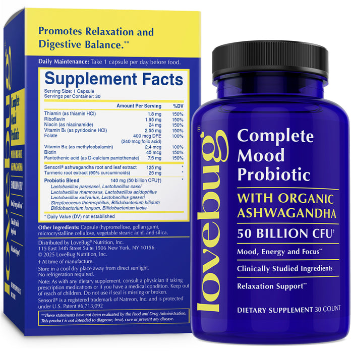 A blue bottle labeled Lovebug Womens Health Daily Probiotic with Ashwagandha, 50 Billion CFU, sits beside a yellow box highlighting mood support and digestive health benefits such as relaxation and balance. Supplement facts and serving instructions are clearly listed.