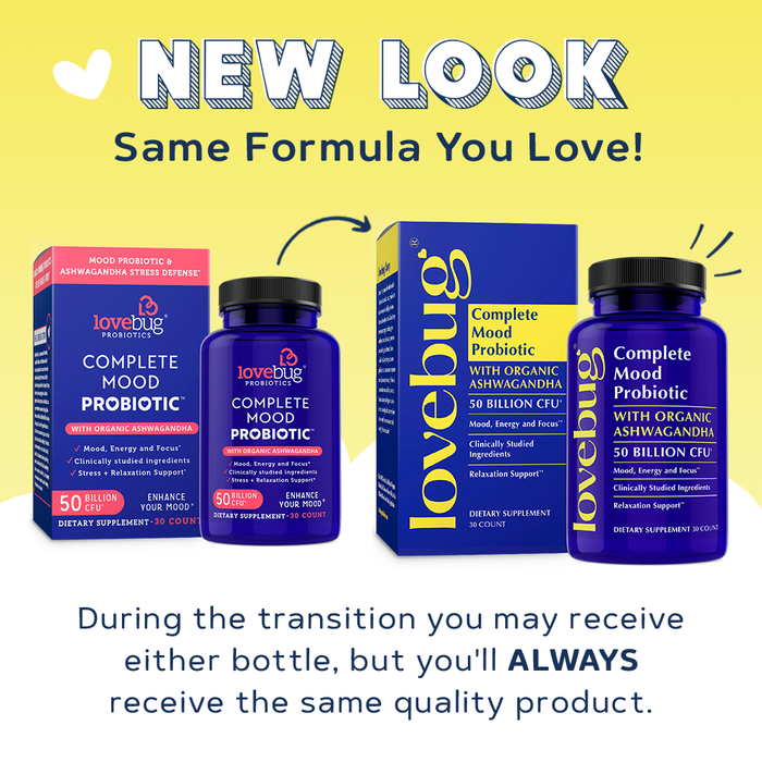 Image of two LoveBug Womens Health Daily Probiotic bottles with Ashwagandha - Mood. The left is red, the right is blue. Text: New Look, Same Formula You Love! For mood support or digestive health, you may receive either bottle, but always the same quality probiotics.
