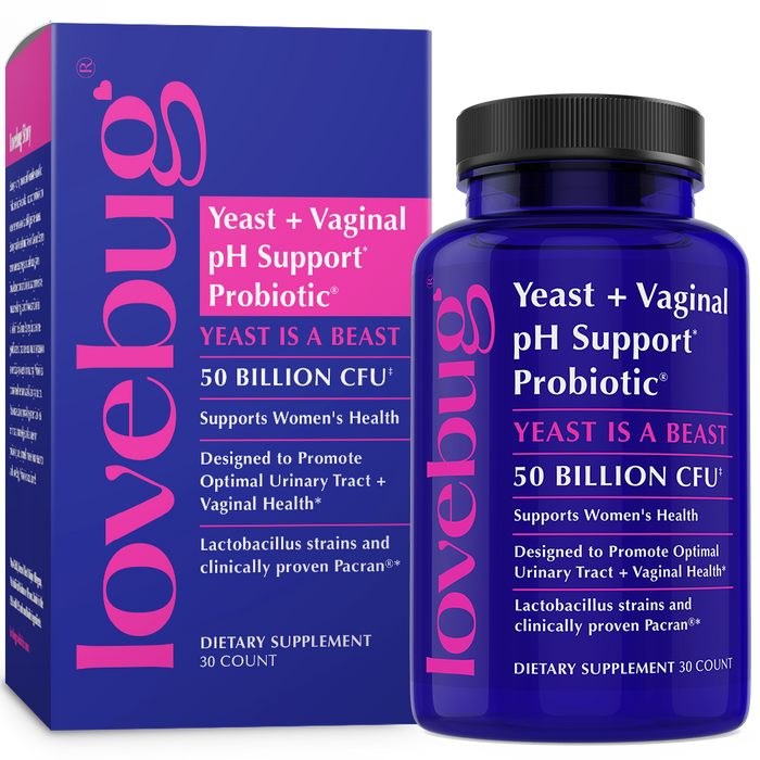 A purple bottle and box of Lovebug Womens Health Probiotic - Yeast and Vaginal pH Support (Yeast is a Beast), with white and pink text highlighting 50 billion CFU for women’s urinary tract and vaginal health.