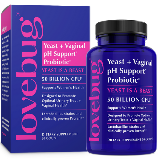 A purple bottle and box of Lovebug Womens Health Probiotic - Yeast and Vaginal pH Support (Yeast is a Beast), with white and pink text highlighting 50 billion CFU for women’s urinary tract and vaginal health.