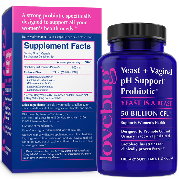 A purple box and bottle of Lovebug Women’s Health Probiotic - Yeast and Vaginal pH Support (Yeast is a Beast) with 50B CFU, featuring cranberry fruit powder, lactobacillus blends, and probiotics for women’s vaginal health.
