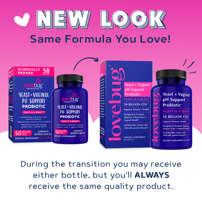 Two versions of Lovebug Womens Health Probiotic - Yeast and Vaginal pH Support (Yeast is a Beast) are shown side by side. Packaging has changed, but the trusted formula for vaginal health and quality remain the same.