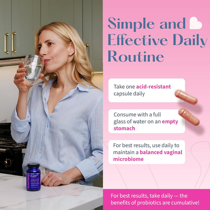 A woman drinks water in her kitchen, holding a Lovebug Womens Health Probiotic - Yeast and Vaginal pH Support (Yeast is a Beast) capsule, with instructions and the probiotic bottle on the counter to support vaginal health.