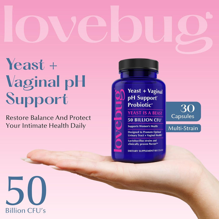A bottle of Lovebug Womens Health Probiotic - Yeast and Vaginal pH Support (Yeast is a Beast) sits on a pink and beige background, featuring 50 billion CFUs, 30 capsules, and daily support for women’s vaginal health.