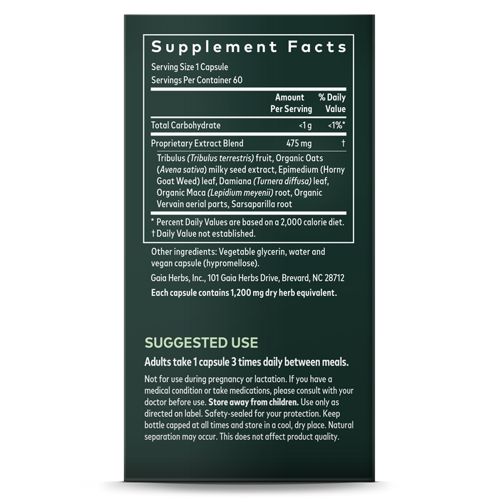 The image shows the back of Gaia Herbs Womens Libido supplement bottle, with Supplement Facts listing ingredients like horny goat weed and sarsaparilla root for boosting sex drive. It recommends taking one capsule three times daily.