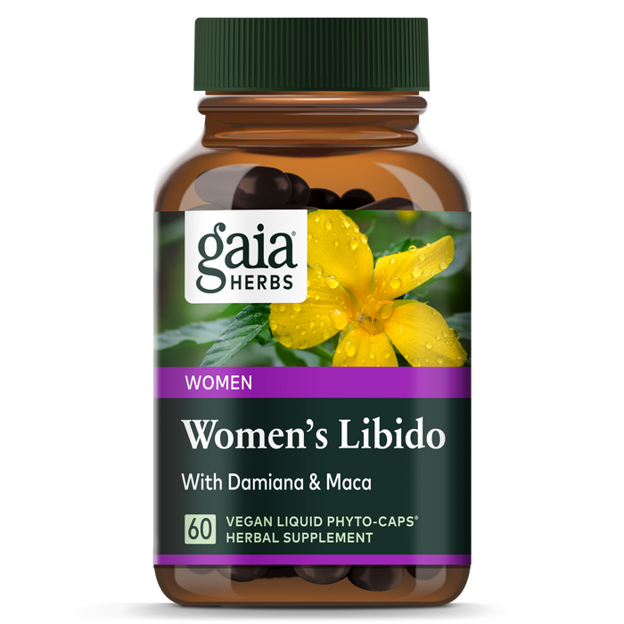 Gaia Herbs Womens Libido supplement, labeled with a yellow flower reading Womens Libido with Damiana & Maca, features 60 vegan liquid phyto-caps designed to enhance sex drive.