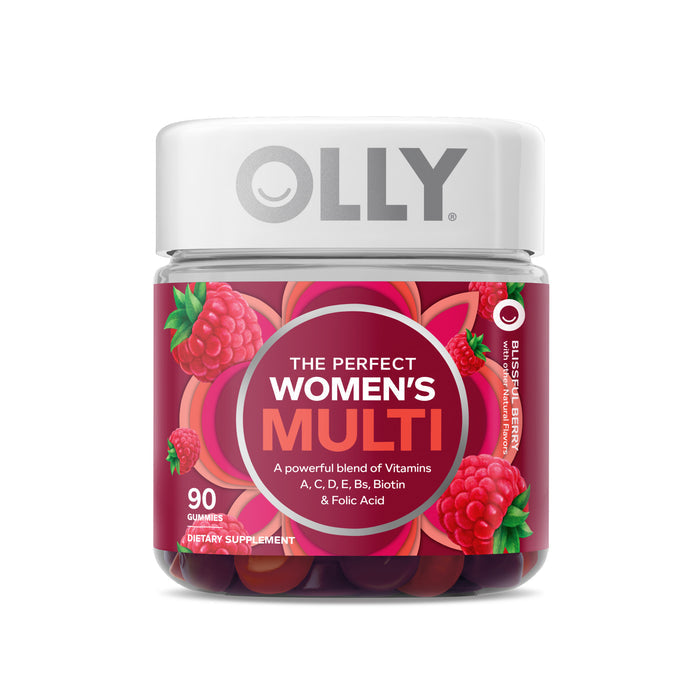 OLLYs Womens Multi features bright red packaging adorned with raspberry illustrations and contains 90 gummies. Its packed with essential nutrients such as vitamins A, C, D, E, B Vitamins, biotin, and folic acid for comprehensive health support.