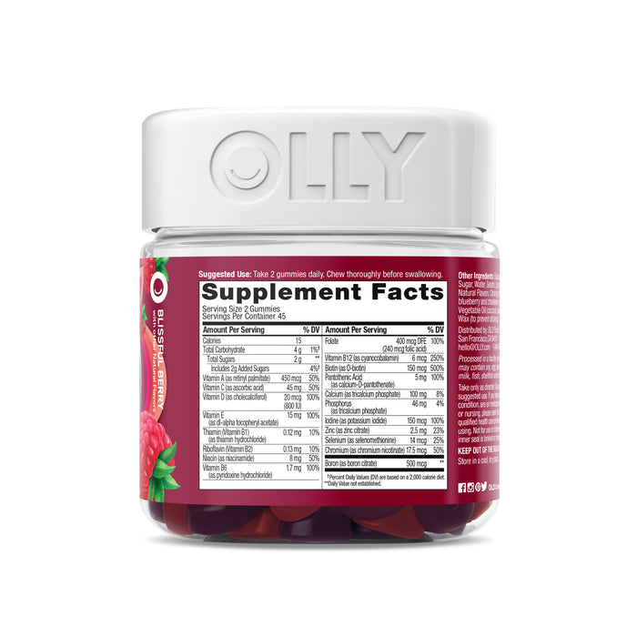 A jar of OLLY Womens Multi vitamins features a white lid and a red label adorned with raspberry images, including supplement facts and B Vitamins information.