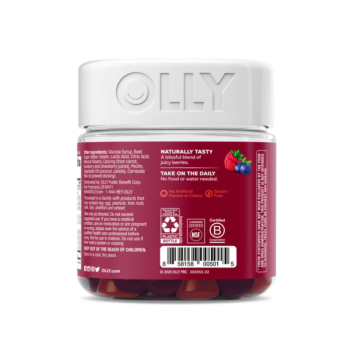 The image features OLLY Womens Multi gummy vitamins with a white lid, highlighting natural flavors, no artificial colors or flavors, and essential B Vitamins. Certification logos are prominently displayed against the red label.