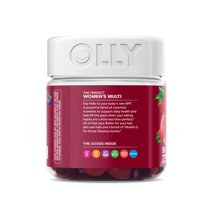 A clear jar of OLLY Womens Multi gummies flaunts vibrant fruit-flavored vitamins enriched with B Vitamins and biotin. The label highlights essential nutrients such as Vitamins A, C, D, and E against a plain white background.