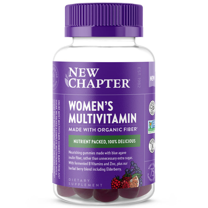 A jar of New Chapter Womens Multivitamin Gummies with a purple lid showcases fermented ingredients and organic fiber, highlighting B Vitamins, Zinc, and an herbal blend with Elderberry. The bottle is partially transparent to reveal the gummies inside.
