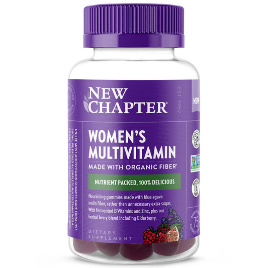 A jar of New Chapter Womens Multivitamin Gummies with a purple lid showcases fermented ingredients and organic fiber, highlighting B Vitamins, Zinc, and an herbal blend with Elderberry. The bottle is partially transparent to reveal the gummies inside.