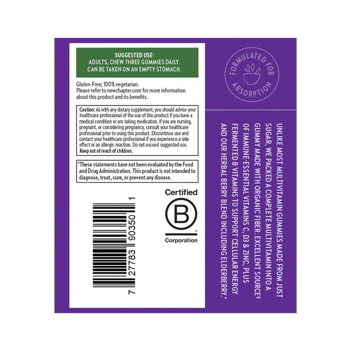 The image shows the back of a New Chapter Womens Multivitamin Gummies package, highlighting it as nutrient-packed with less sugar. Usage instructions suggest chewing three gummies daily, noting its gluten-free and vegetarian claims, and high-quality fermented ingredients. A barcode is at the bottom left.