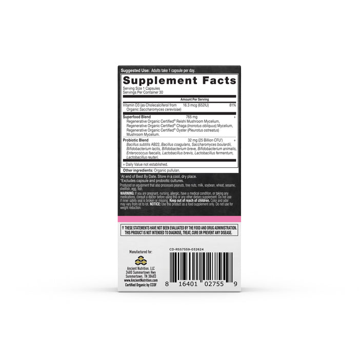 The back of ROC - Women’s Once Daily Probiotics by Ancient Nutrition displays Supplement Facts with a Probiotic Blend, nutritional details, and daily values. A suggested use note tops the mostly black-and-white design with pink accents, ending with a barcode.