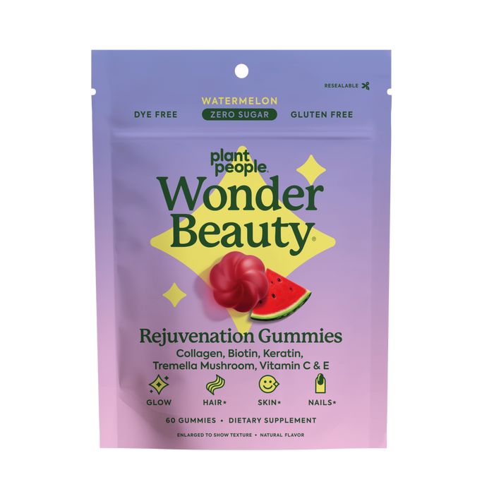 A resealable pouch of Plant People WonderBeauty Gummies, watermelon flavor. These collagen gummies are dye-free, gluten-free, sugar-free, and support hair, skin, and nails with benefits shown in easy-to-read icons on the package.