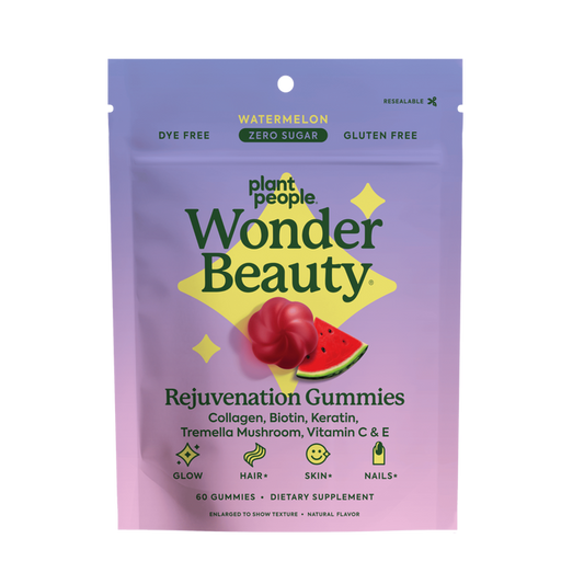 A resealable pouch of Plant People WonderBeauty Gummies, watermelon flavor. These collagen gummies are dye-free, gluten-free, sugar-free, and support hair, skin, and nails with benefits shown in easy-to-read icons on the package.