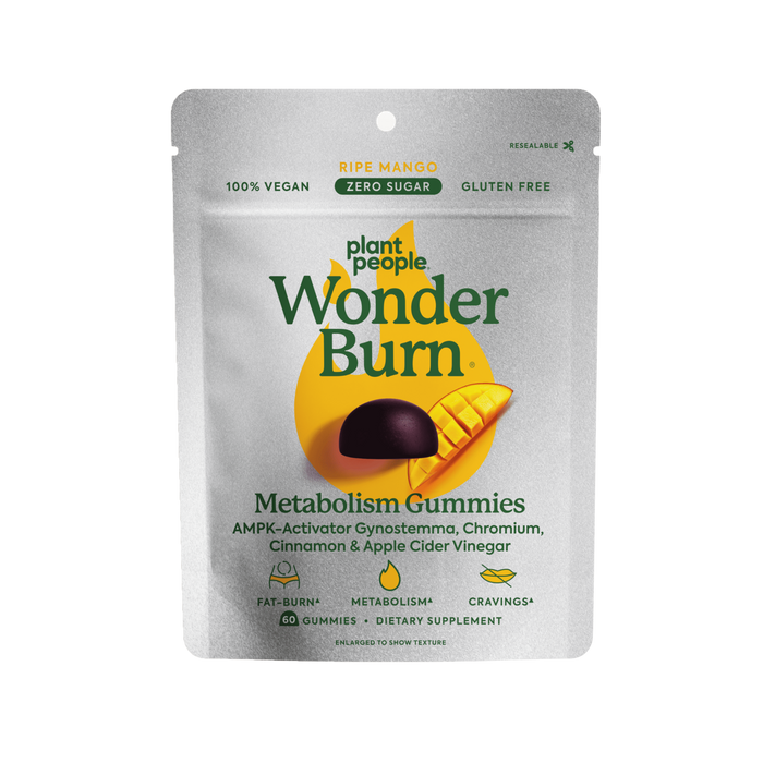 A pouch of Plant People WonderBurn Gummies - For Metabolism & Cravings Control, ripe mango flavor, with Gynostemma. Zero sugar, gluten free, 100% vegan; contains 60 gummies. The image shows a dark gummy and a mango slice.