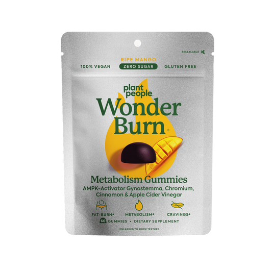 A pouch of Plant People WonderBurn Gummies - For Metabolism & Cravings Control, ripe mango flavor, with Gynostemma. Zero sugar, gluten free, 100% vegan; contains 60 gummies. The image shows a dark gummy and a mango slice.