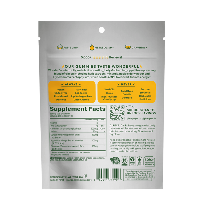 Back of a Plant People WonderBurn Gummies - For Metabolism & Cravings Control pack shows product benefits, supplement facts, Gynostemma and AMPK enzyme, directions, icons for gluten-free/non-GMO/vegan, QR code, and customer review mention.