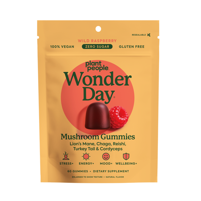 A yellow resealable pouch of Plant People WonderDay - Super Mushroom Gummies, wild raspberry flavor. The front highlights 100% vegan, zero sugar, gluten free, and features a gummy and raspberry for immune support.