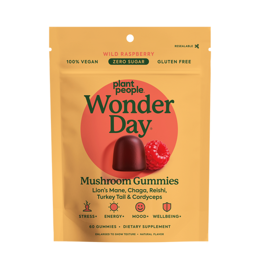 A yellow resealable pouch of Plant People WonderDay - Super Mushroom Gummies, wild raspberry flavor. The front highlights 100% vegan, zero sugar, gluten free, and features a gummy and raspberry for immune support.
