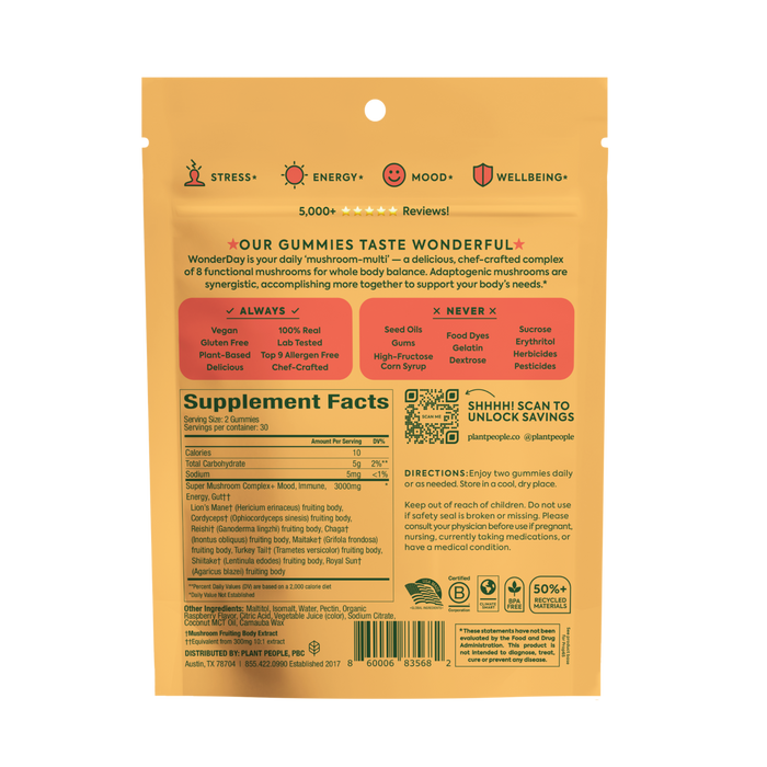 Back of a yellow Plant People WonderDay - Super Mushroom Gummies package showing supplement facts, directions, functional mushrooms like Lion’s Mane, Always/Never attributes, QR code, and icons for stress, energy, mood & wellbeing.