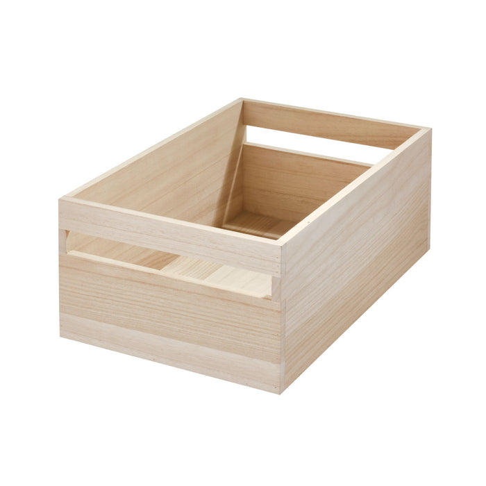 The iDesign Wood Handled Bin is a rectangular, open-top wooden organizer with slatted sides and a light natural finish in Paulownia wood, featuring a simple, clean design.