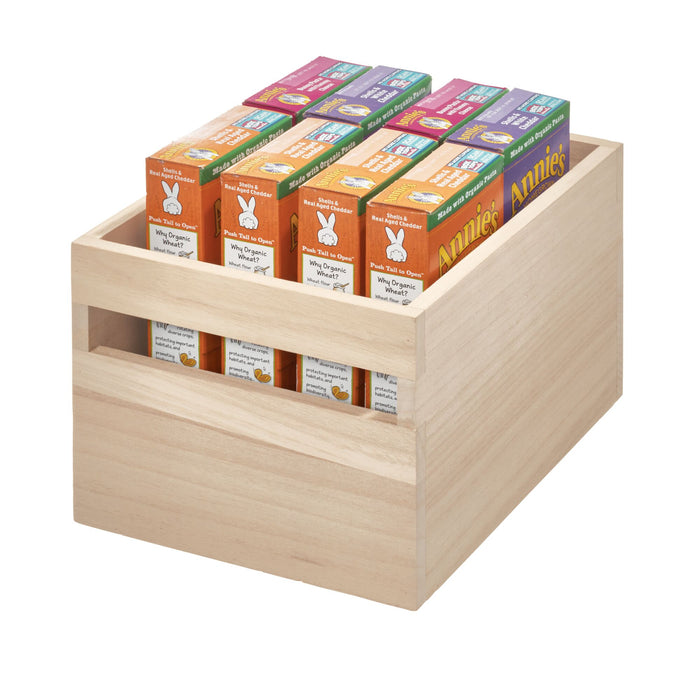 An iDesign Wood Handled Bin made from renewable Paulownia wood holds various Annies macaroni and cheese boxes. The packaging, featuring a bunny logo and detailed text, is prominently displayed on the top and side rows.