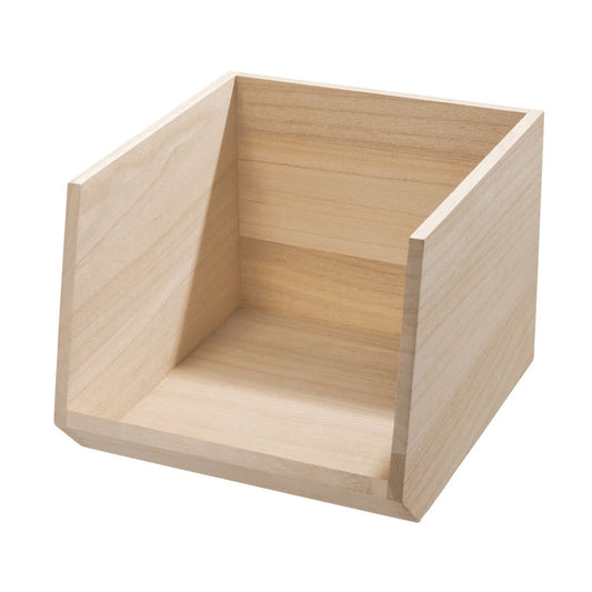 The iDesign Wood Open Front Bin, crafted from renewable Paulownia wood with a natural finish, features angled sides for sturdy and practical organization of various items.
