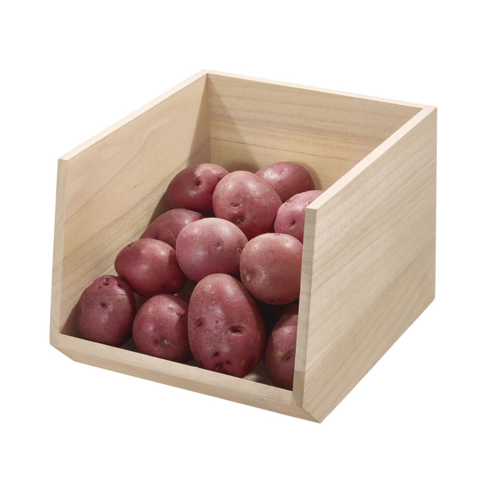 The Wood Open Front Bin by iDesign is filled with red potatoes and crafted from renewable Paulownia wood.