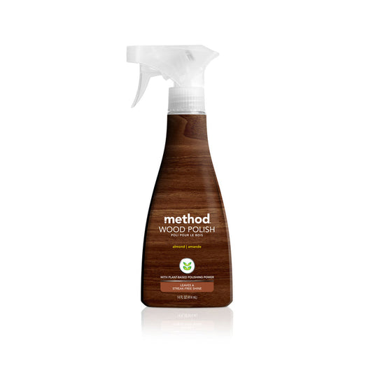 Method Wood Polish offers a natural shine with plant-based polishing power in an almond scent to nourish wood surfaces. Its sleek, wooden-texture design provides an elegant and eco-friendly choice for sustainable care.