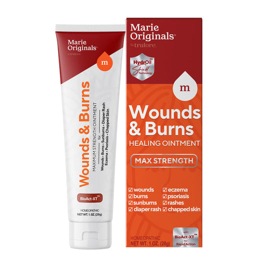 A tube and box of Marie Originals Wounds & Burns Cream, a skin healing ointment for wounds, burns, eczema relief, psoriasis, sunburns, diaper rash, and chapped skin.
