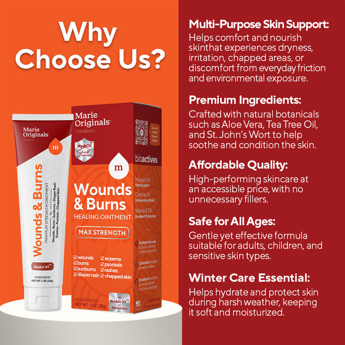Reveal smoother, healthier skin with Marie Originals Wounds & Burns Cream. Specially formulated for deep hydration, eczema relief, and burns healing—experience comfort and visible results every day!.