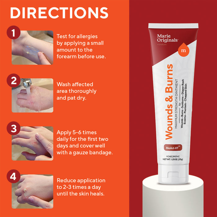 Instruction graphic shows steps for using Marie Originals Wounds & Burns Cream: test on forearm, wash affected area, apply 5-6 times daily, then reduce to 2-3 times daily until healed.