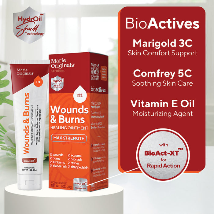 A Marie Originals Wounds & Burns Cream tube and box sit on a white stand, with text noting key ingredients: Marigold 3C, Comfrey 5C, Vitamin E Oil, and BioAct-xT—an advanced formula for fast skin healing.