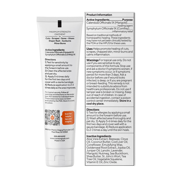 A tube of Marie Originals Wounds & Burns Cream with its back label displaying active and inactive ingredients, directions, warnings, and product info in black text on a white background.