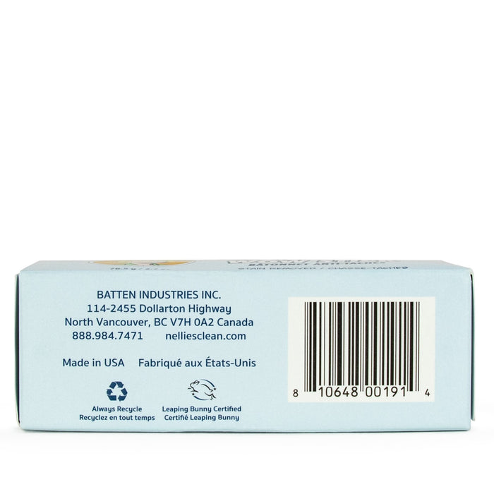 A light blue box for Nellie's WOW Stick Stain Remover features a barcode, Batten Industries Inc. contact info (North Vancouver, Canada), green cleaning and Leaping Bunny logos, plus "Made in USA" in English and French.