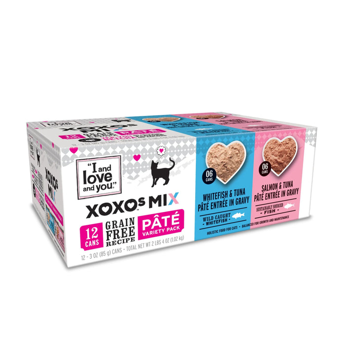 The XOXOs Mix Cat Food - Paté Variety Pack by I and Love and You includes 12 grain-free cans with Whitefish & Tuna Pâté and Salmon & Tuna Pâté flavors, made with wild-caught ingredients, perfect for cats.