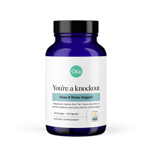 Ora Organic You're a Knockout: Natural Sleep Support Capsules (60 count) offer melatonin-free sleep and stress relief with magnesium, valerian root, and organic tart cherry.
