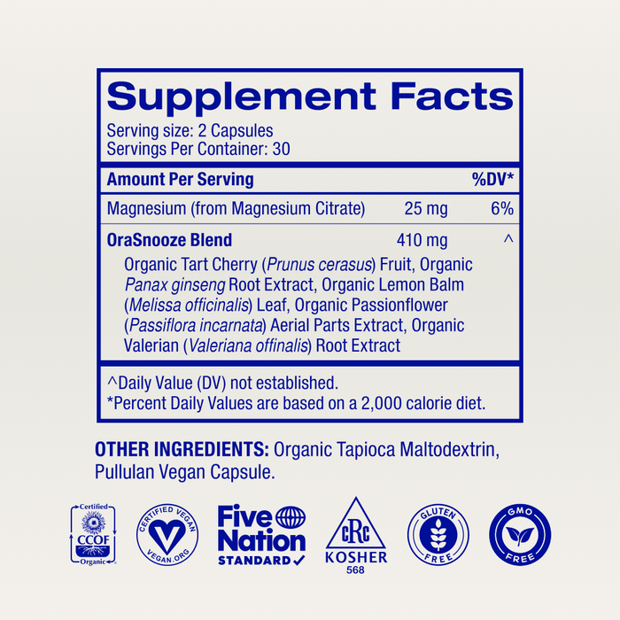 The Supplement Facts label for Ora Organic You're a Knockout Natural Sleep Support Capsules lists a serving size of 2 capsules, 30 servings per container, and ingredients like magnesium, organic tart cherry, and an OraSnooze Blend—melatonin-free.