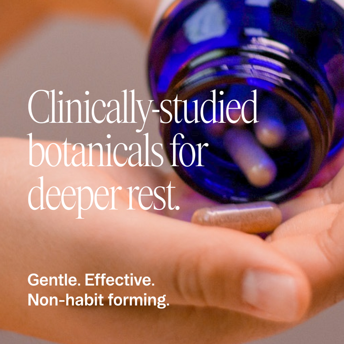 A close-up of a hand holding a capsule from a blue Ora Organic bottle. Text reads: You’re a Knockout: Natural Sleep Support Capsules—clinically-studied botanicals for deeper, melatonin-free, non-habit forming rest.