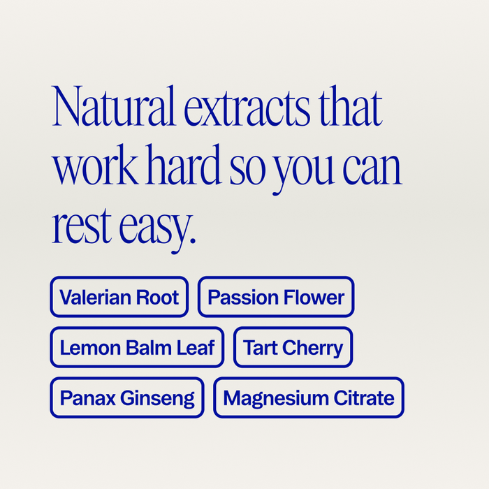 Text on a light background reads: You're a Knockout: Natural Sleep Support Capsules by Ora Organic deliver melatonin-free rest with valerian root, passion flower, lemon balm leaf, organic tart cherry, panax ginseng, and magnesium citrate.