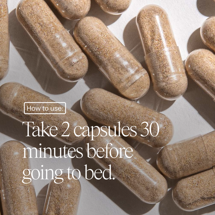 Several brown capsules from Ora Organic's "You're a Knockout: Natural Sleep Support" are scattered on a light surface. Overlay text reads: “How to use: Take 2 capsules 30 minutes before bed.” Melatonin-free for gentle sleep aid.