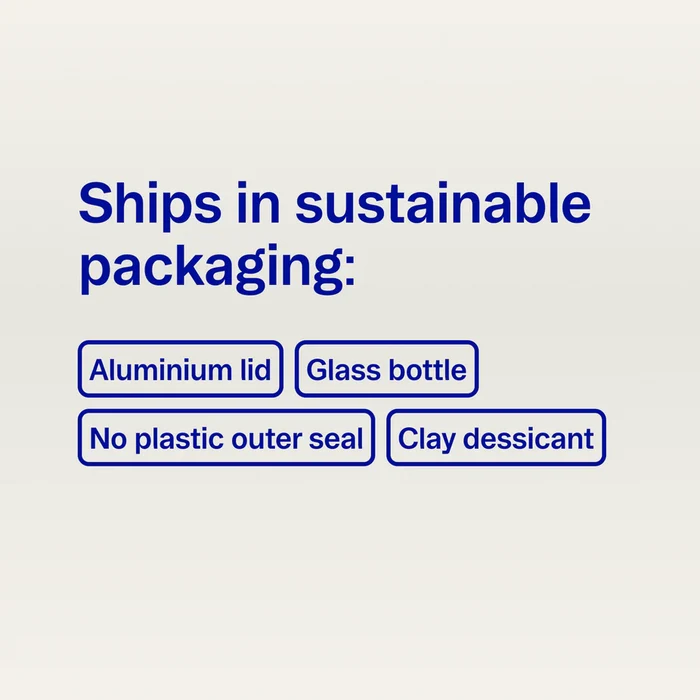 Text graphic with the heading Ships in sustainable packaging: labeled boxes—Aluminium lid, Glass bottle, No plastic outer seal, Clay desiccant—perfect for Ora Organic Turmeric Curcumin Tablets, supporting joint comfort sustainably.